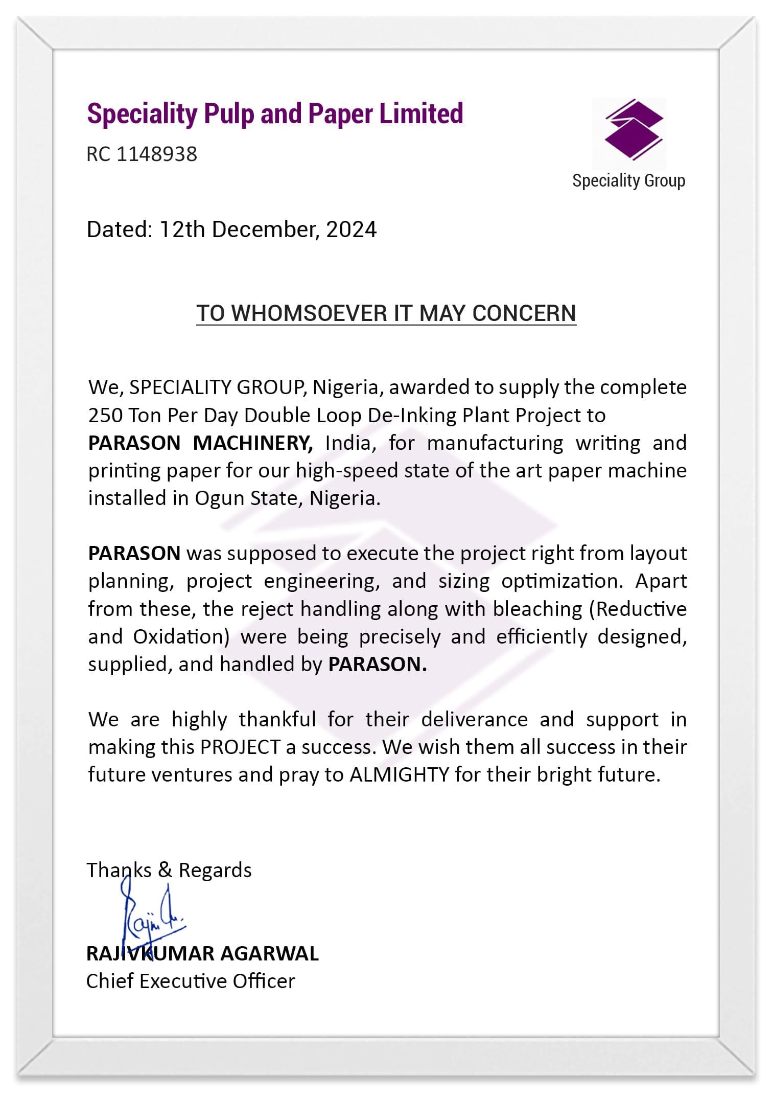 Speciality Pulp & Paper appreciation letter